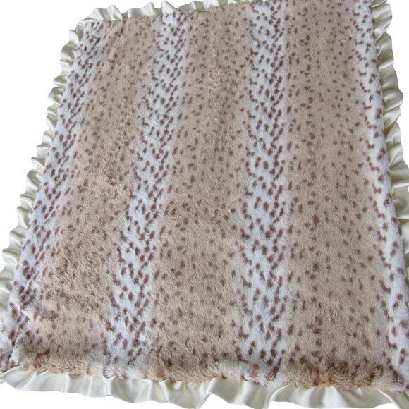 Max Daniel Baby Blanket Plush Brown Cream Snow Lynx Print Satin Ruffle USA MADE - Picture 1 of 7